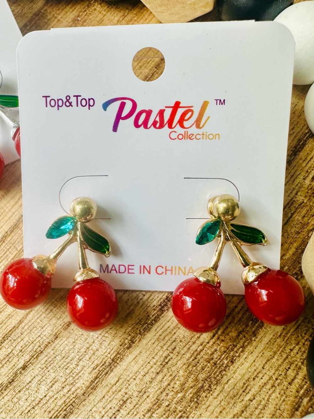 Pastel Gold Red Cherry Pierced Earrings 🍒  Enamel & Gem leaves 🍃 NWT